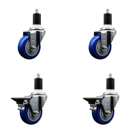 Service Caster 3.5'' Blue Poly Wheel Swivel 1-1/2'' Expanding Stem Caster Set 2 Brakes, 4PK SCC-EX20S3514-PPUB-BLUE-2-PLB-2-112